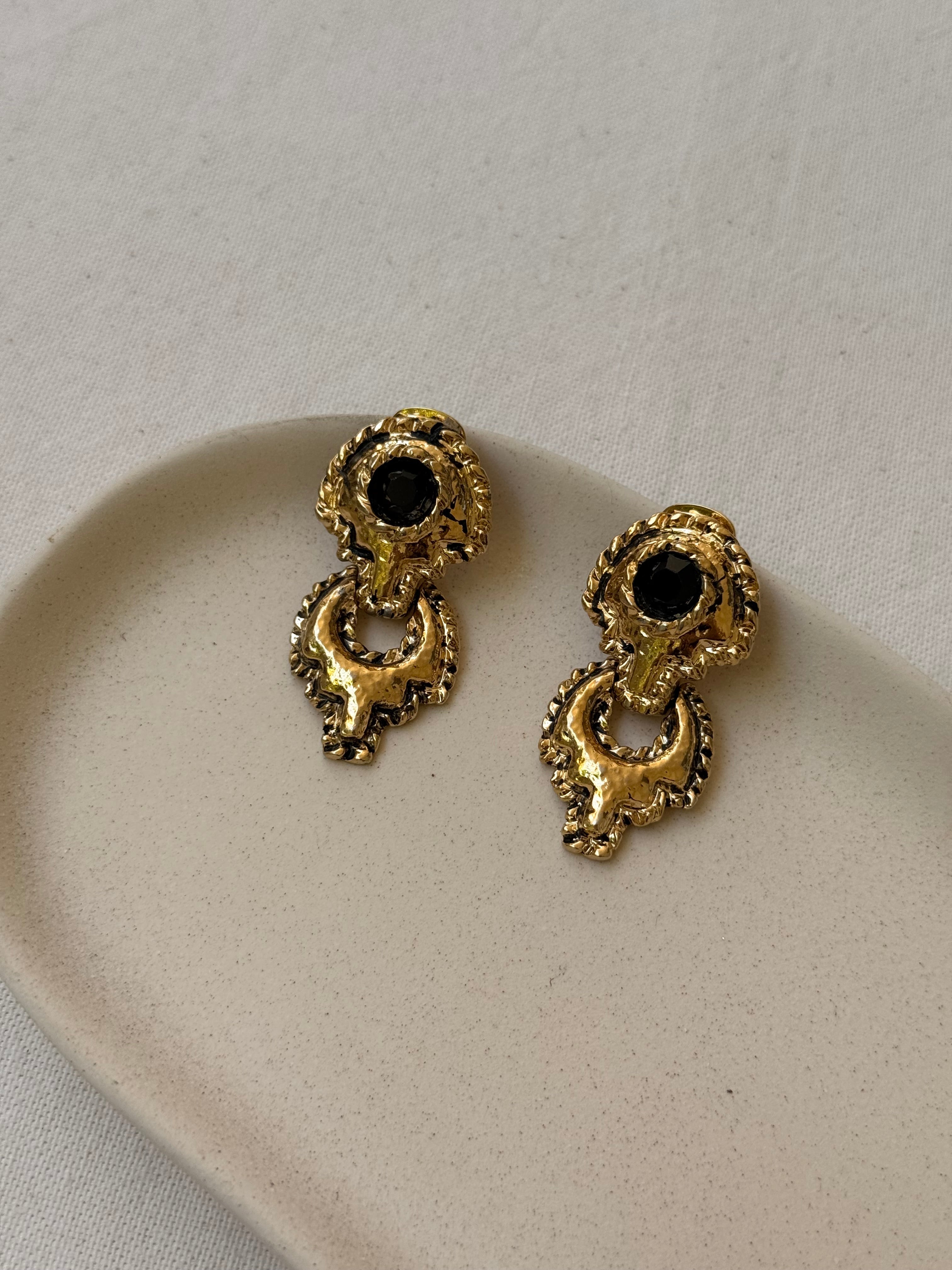 Boucles D’Oreilles Vintage - Pendantes Design Baroque Et Strass Noir