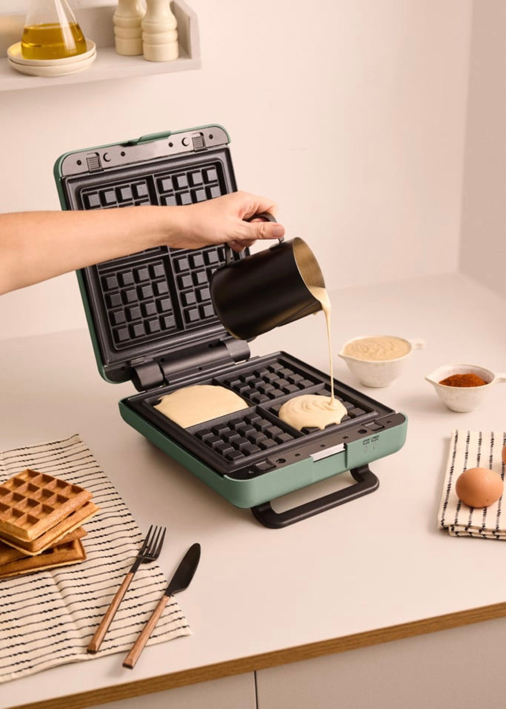 Stone Studio - Appareil À Croque-Monsieur, Grill & Gaufrier - Quadruple - Sauge