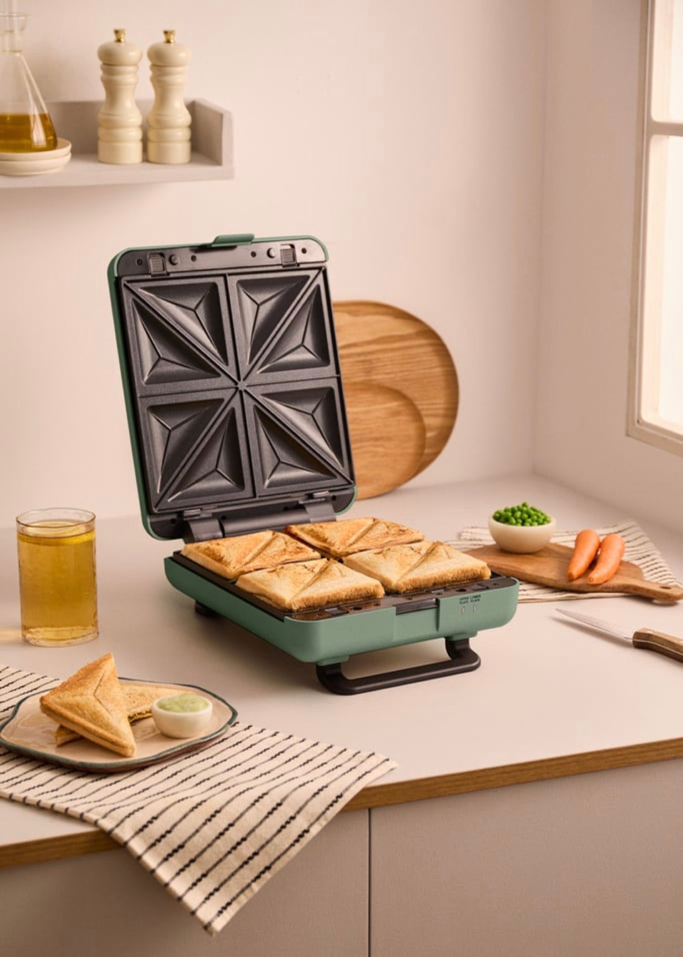 Stone Studio - Appareil À Croque-Monsieur, Grill & Gaufrier - Quadruple - Sauge