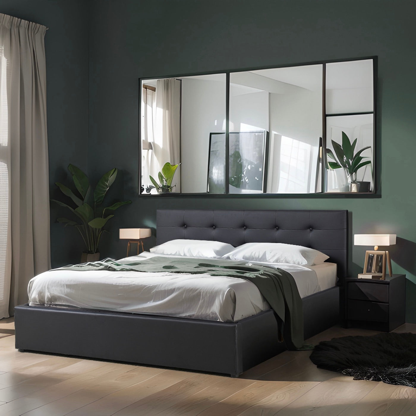 Tinali - Cama contenedor de Pu con cabecero + somier de láminas - Negro