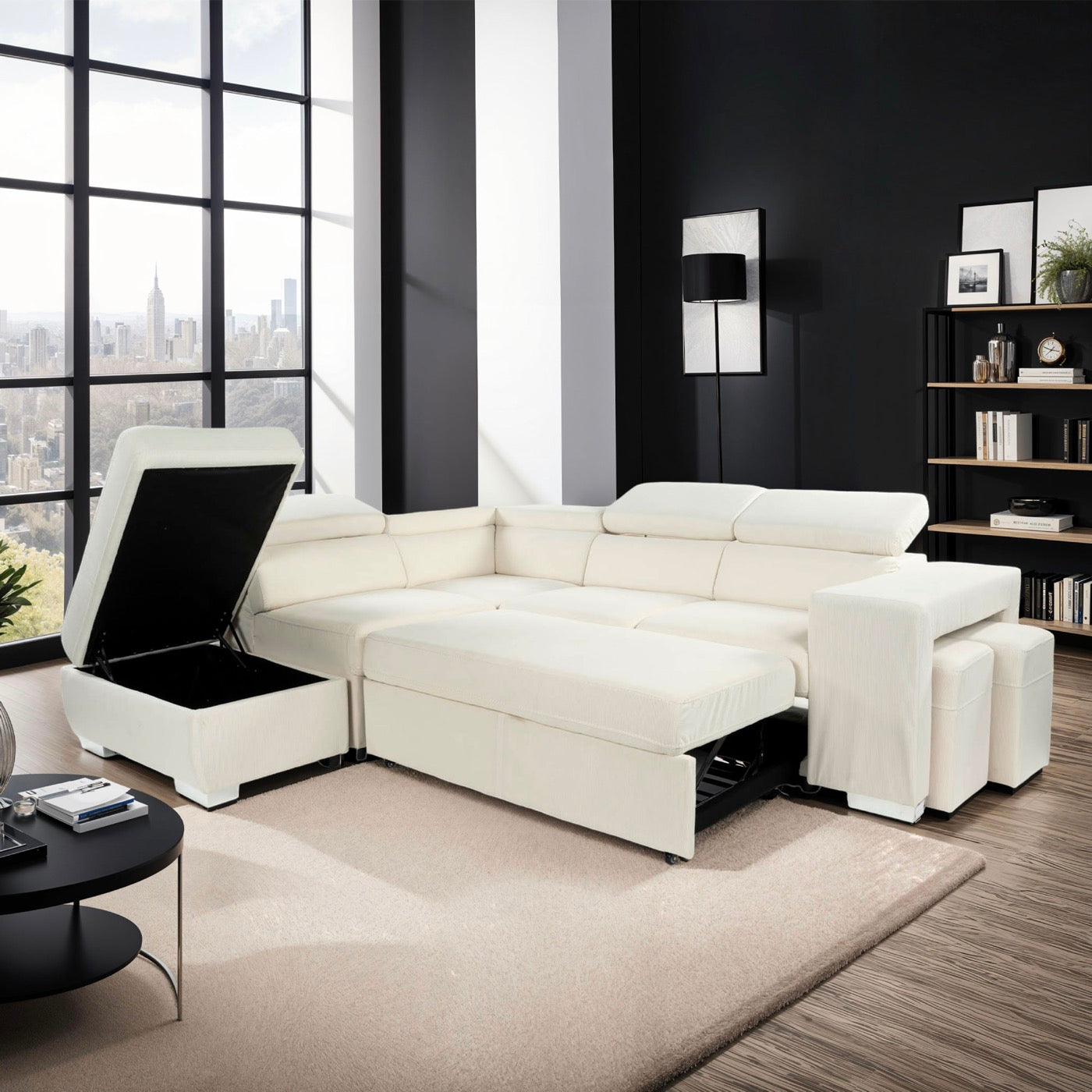 Sven - Canapé D'Angle À Gauche Convertible 7 Places Velours - Beige
