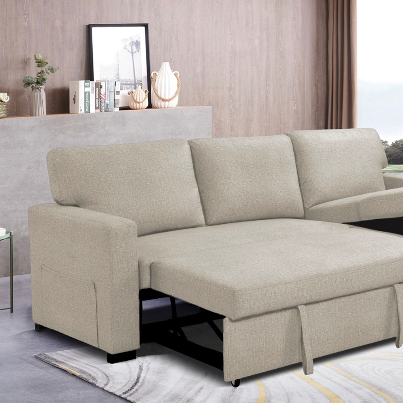 Cozy - Canapé D'Angle Réversible Et Convertible En Tissu - Beige