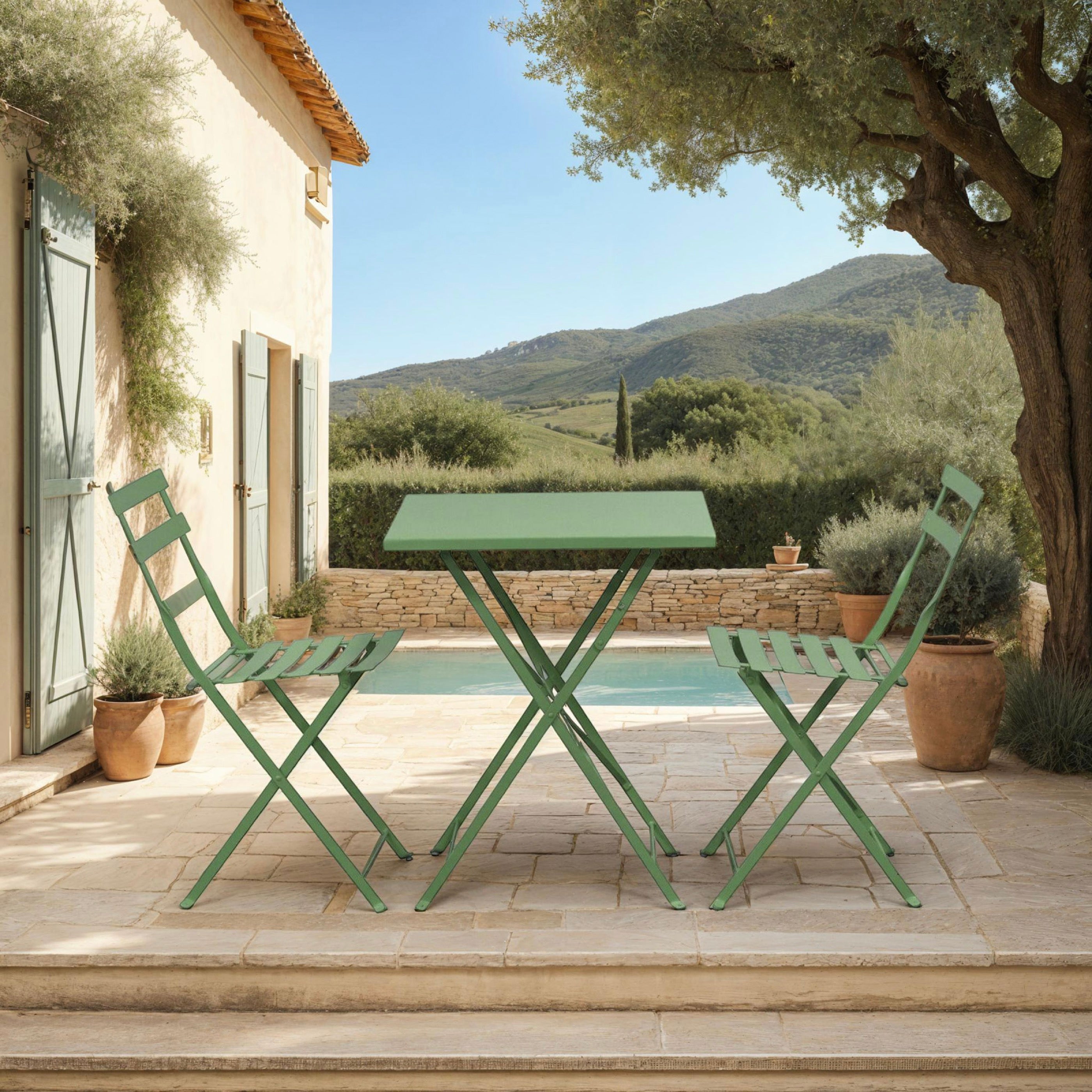 Baca - Conjunto Mesa + 2 Sillas de Jardín de Metal - Verde