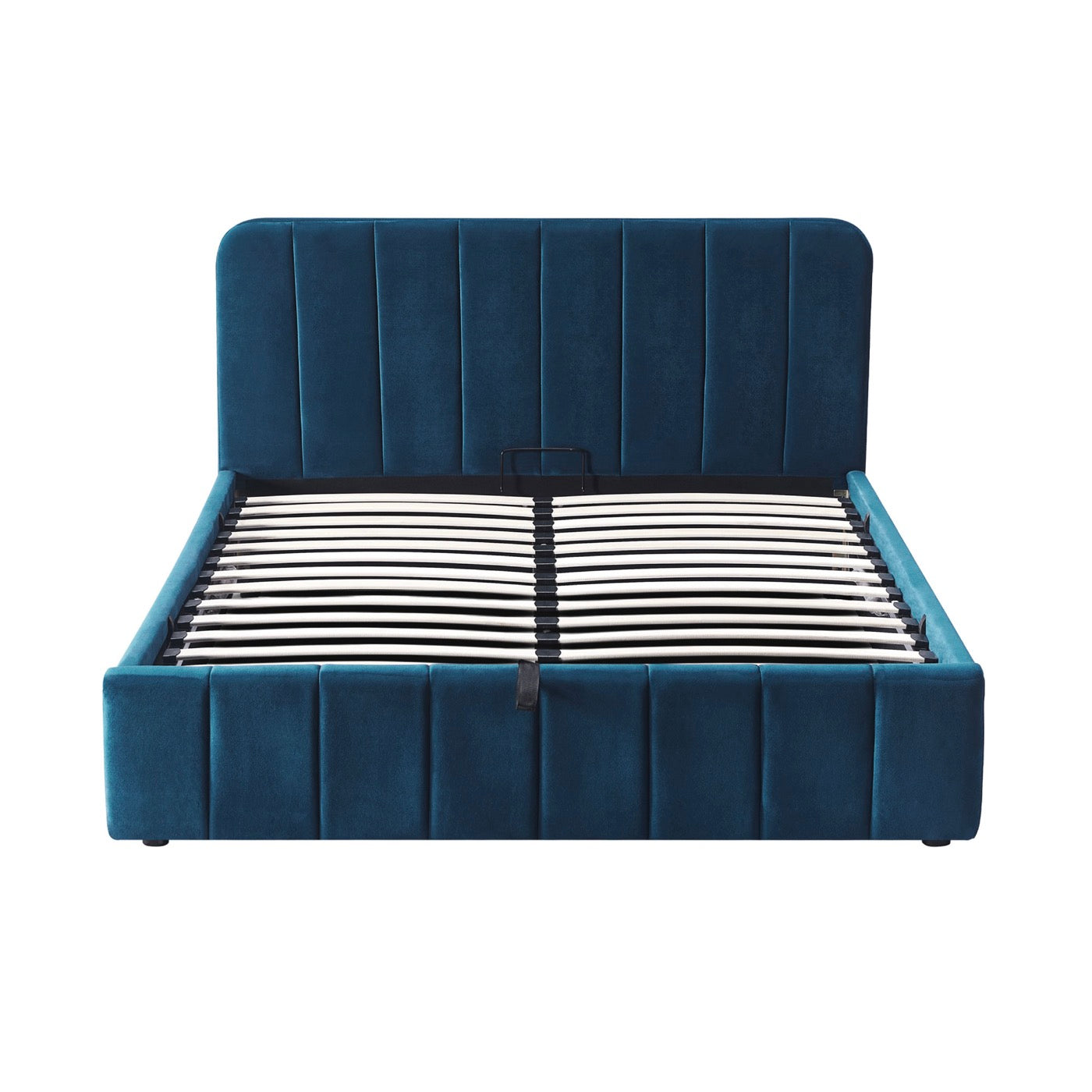 Aviala - Cama contenedor de terciopelo con cabecero + somier de láminas - Azul