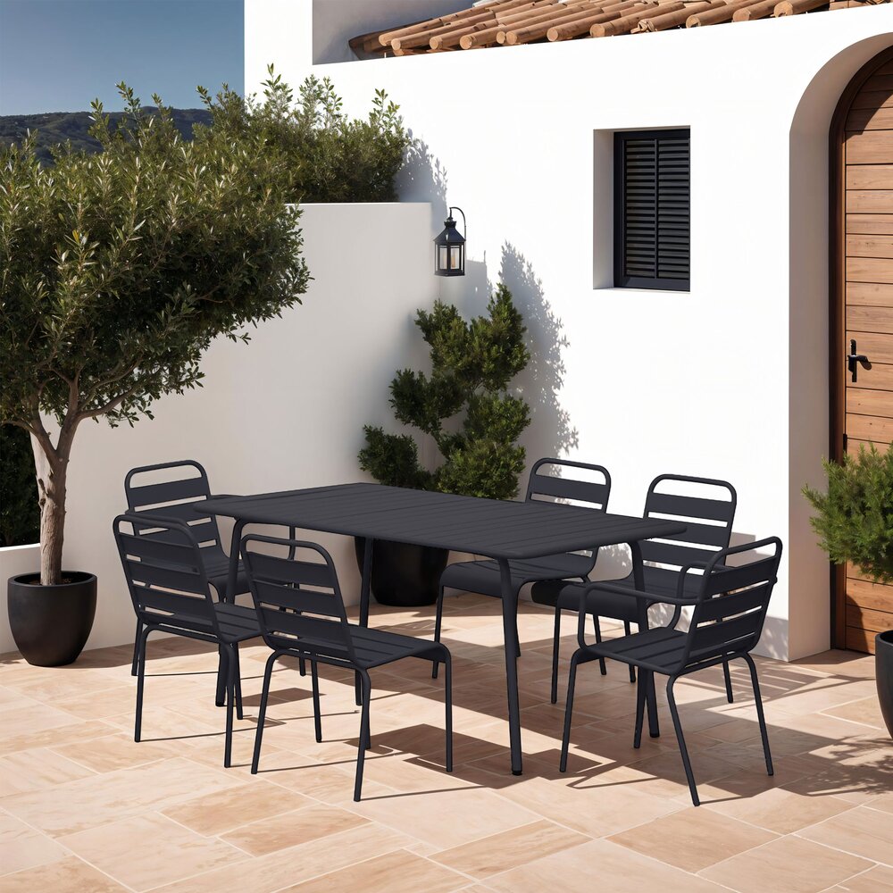 Baca - Ensemble Table + 4 Chaises + 2 Fauteuils En Métal - Gris
