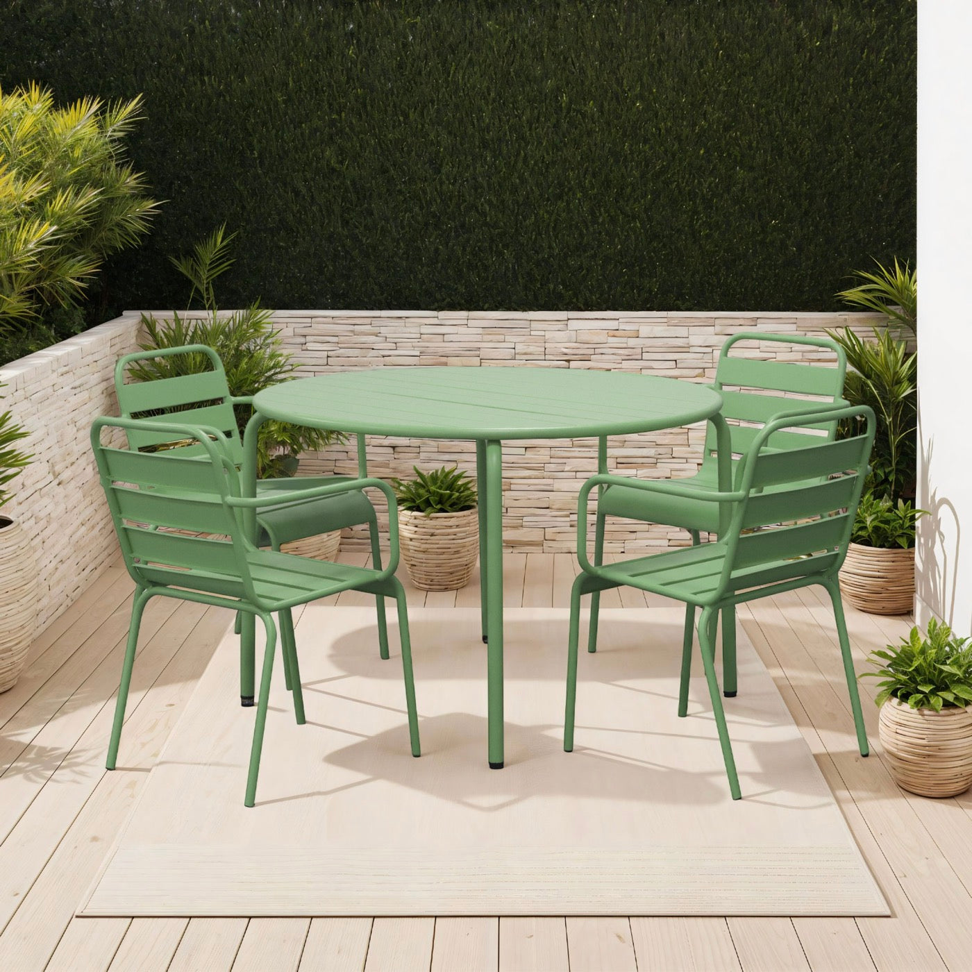 Baca - Garden Table + 4 Metal Armchairs Set - Green