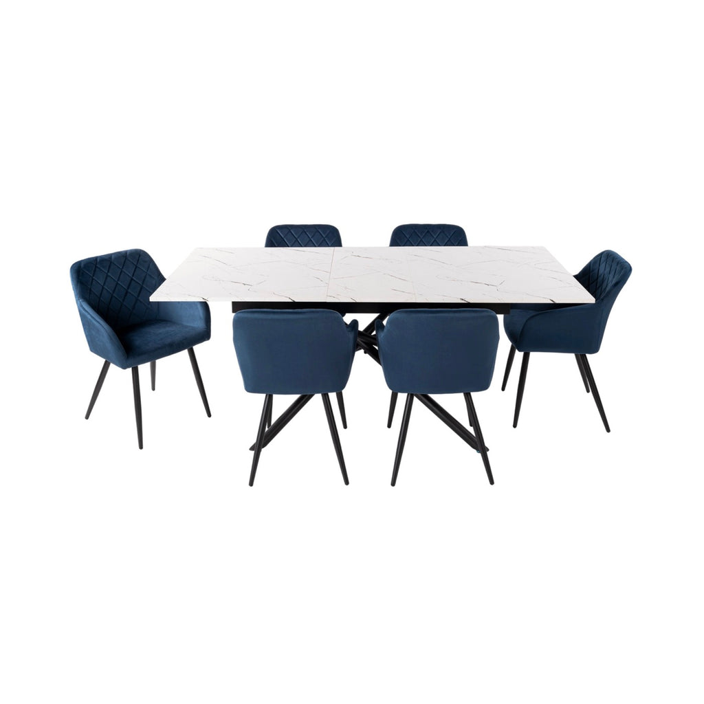 Mindy - Table Extensible + 6 Chaises En Velours - Marbre Blanc