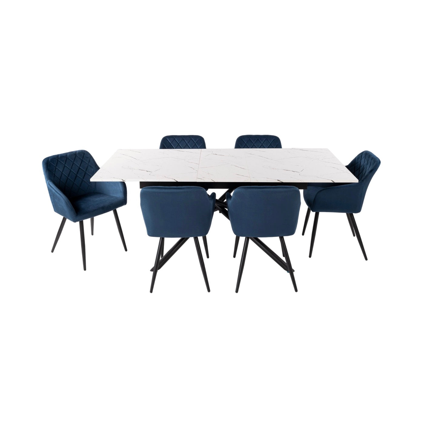 Mindy - Table Extensible + 6 Chaises En Velours - Marbre Blanc