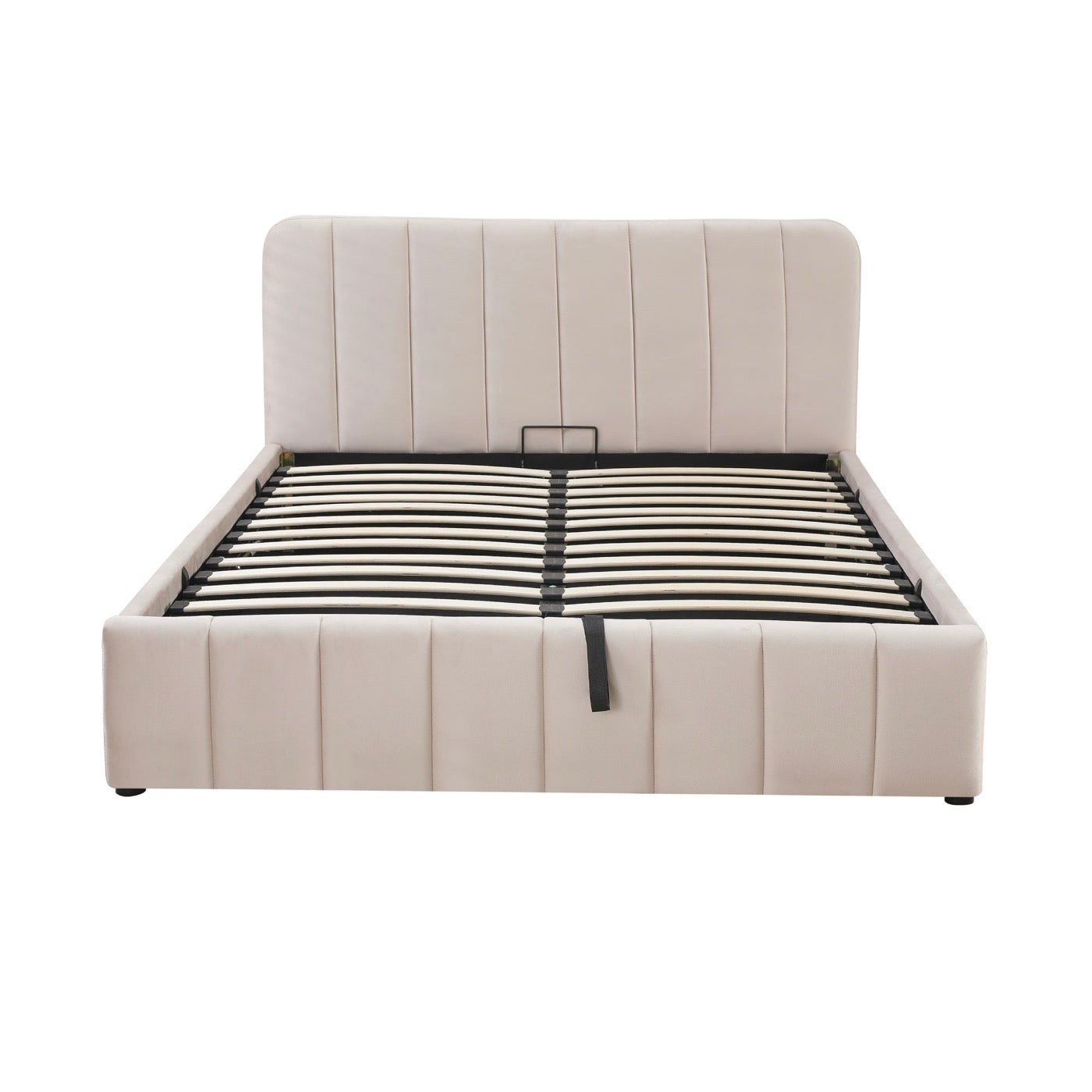 Aviala - Cama contenedor de terciopelo con cabecero + somier de láminas - Beige