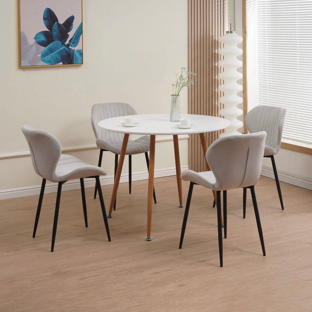 Scandi - Round Table Dining Set + 4 Velvet Chairs - White