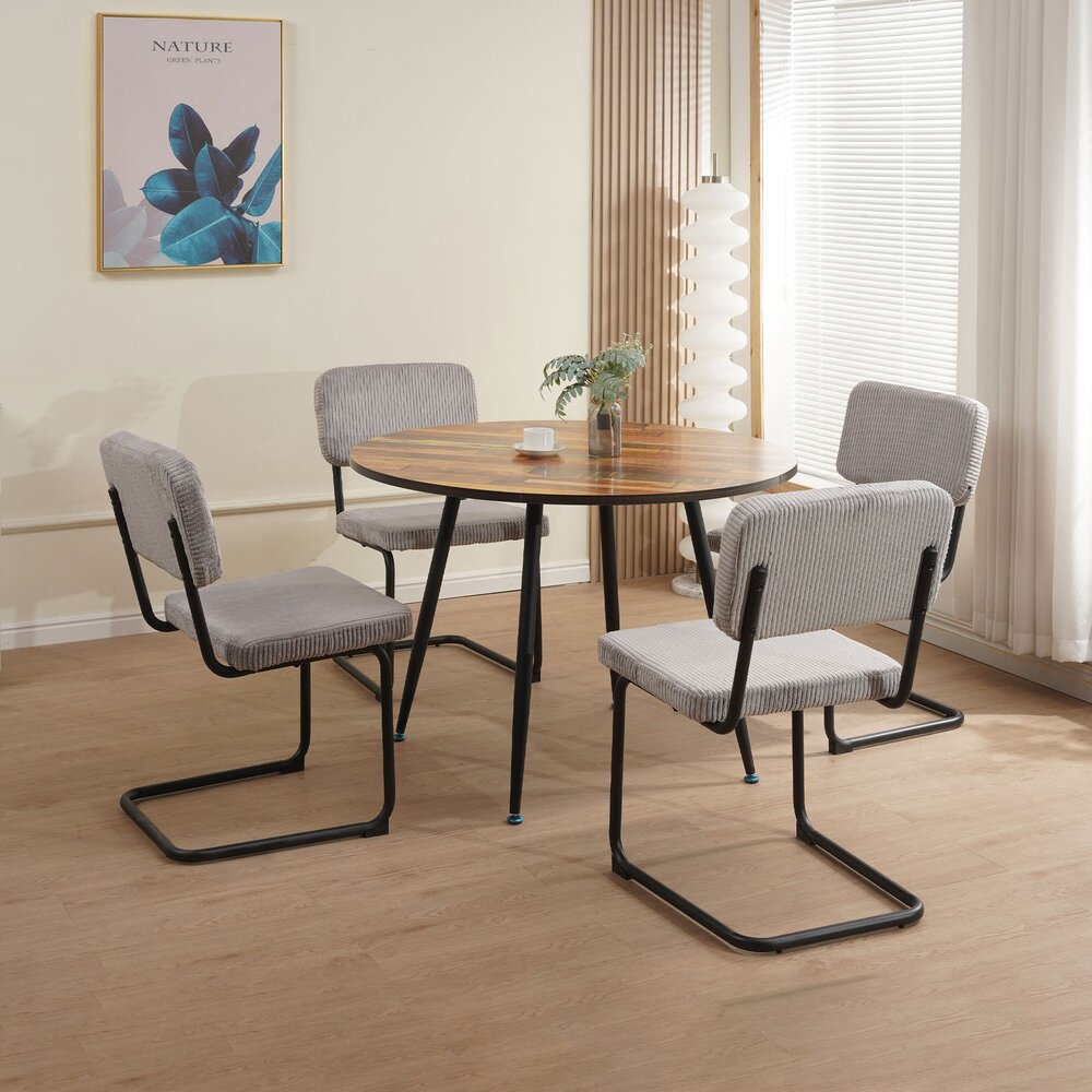 Scandi - Ensemble Repas Table Ronde + 4 Chaises Velours - Naturel