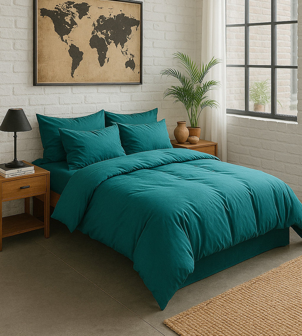 Elegance - Housse De Couette - 100% Percale De Coton Lavé - Bleu Canard
