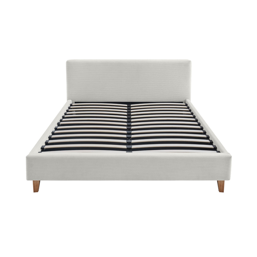 Mileno - Cama Con Cabecero De Pana Y Patas De Madera - Beige