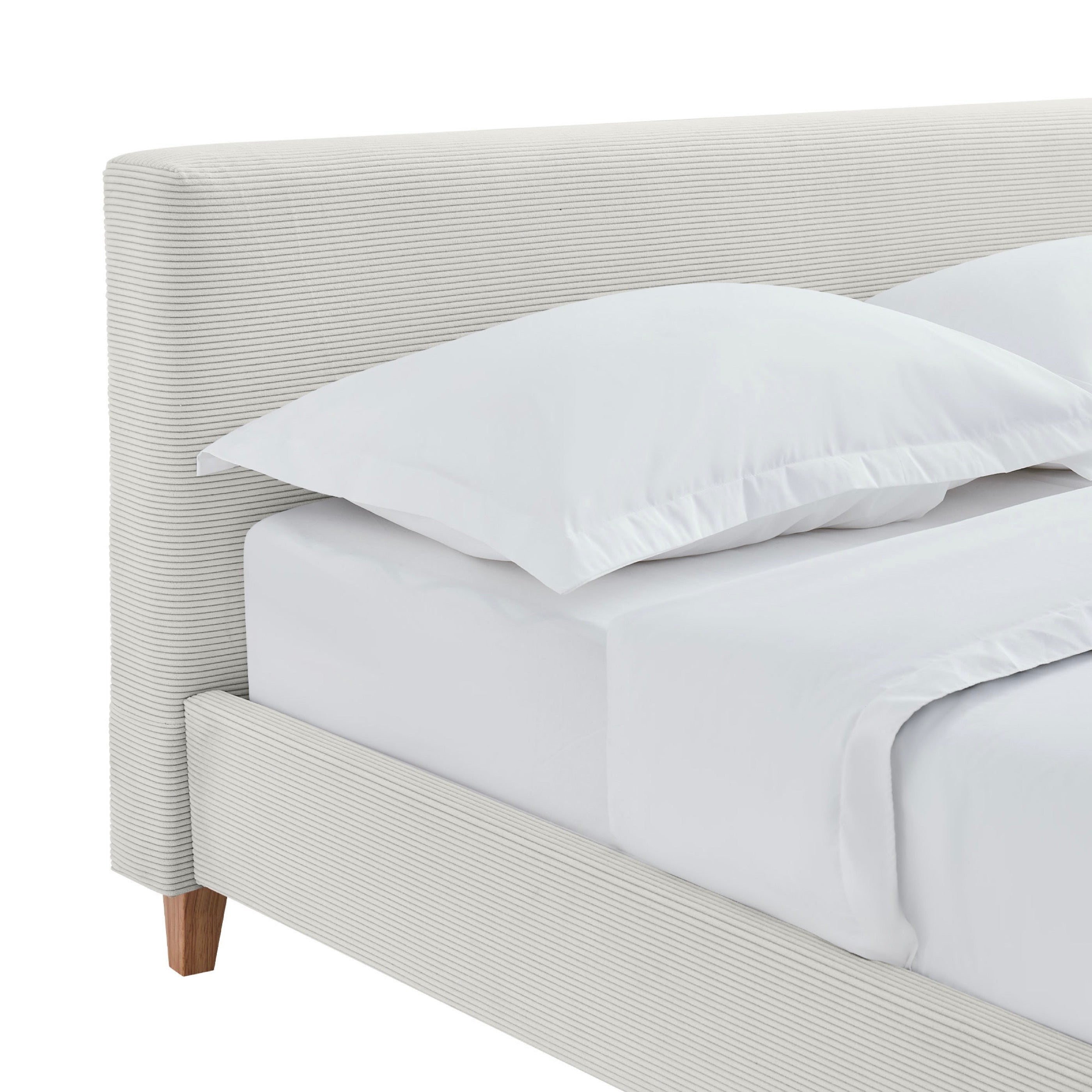 Mileno - Cama Con Cabecero De Pana Y Patas De Madera - Beige