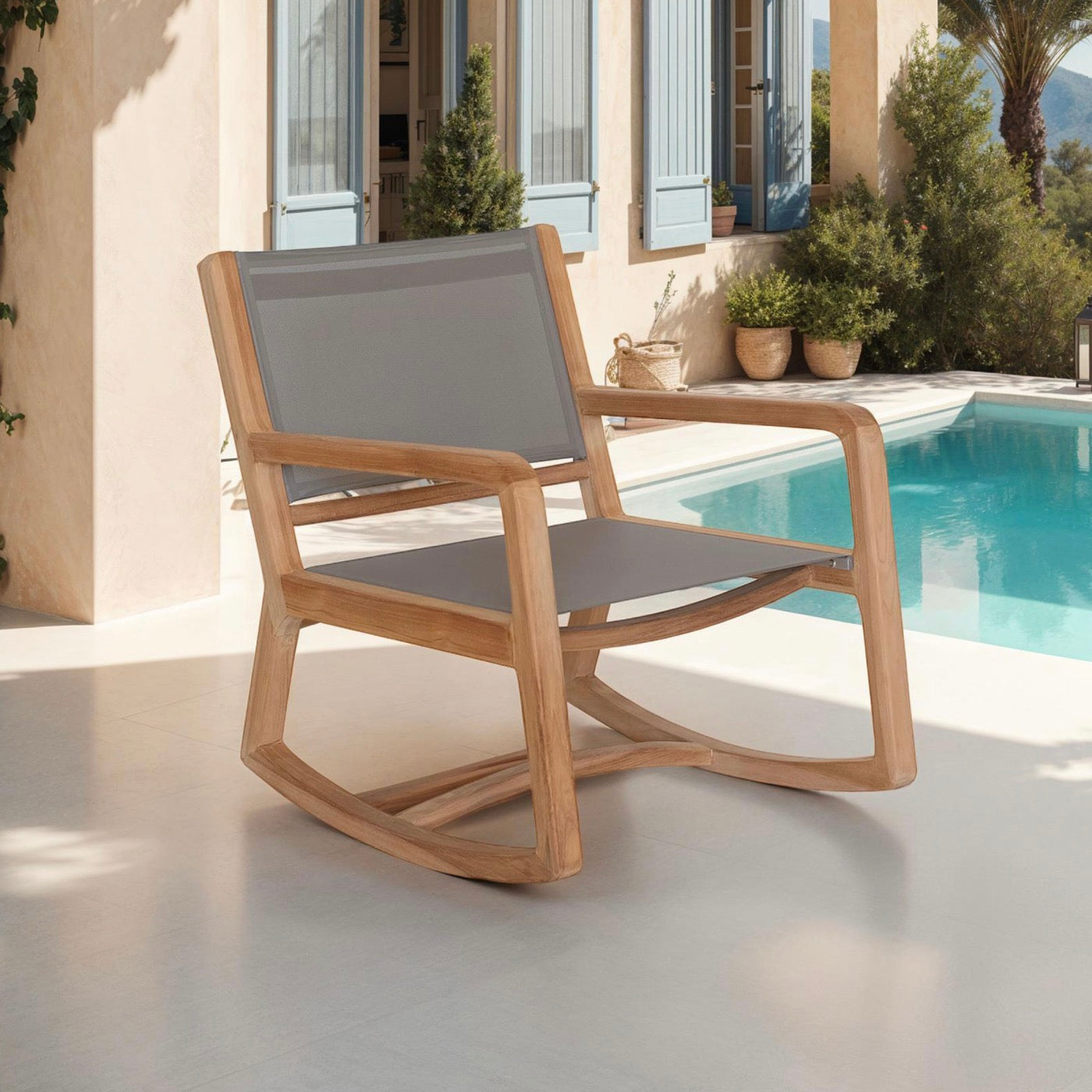 Gardena - Rocking Chair in Textilene and Solid Teak - Gray