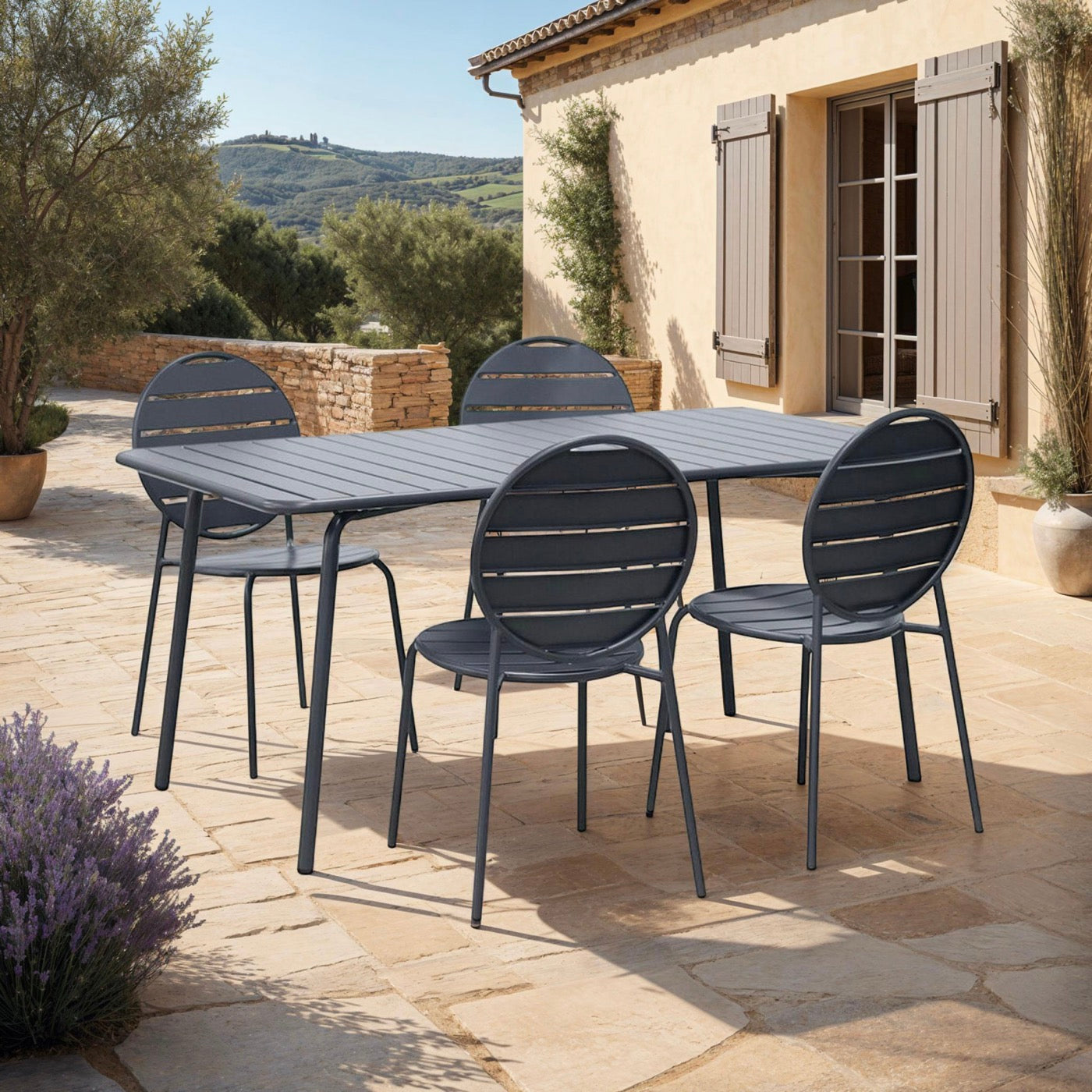 Baca - Garden Table Set + 4 Round Metal Chairs - Gray