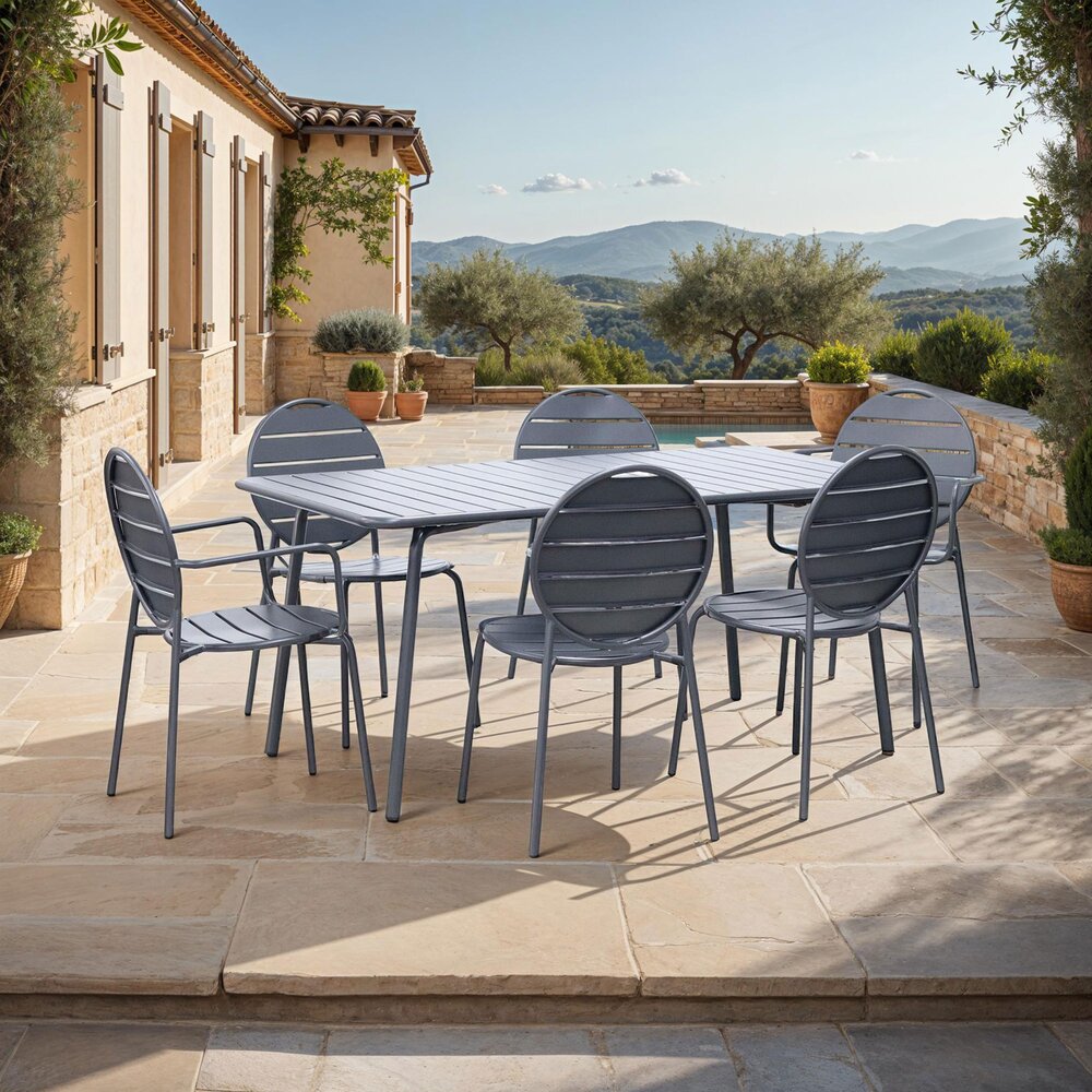 Baca - Table + 4 Chairs + 2 Round Metal Armchairs - Gray