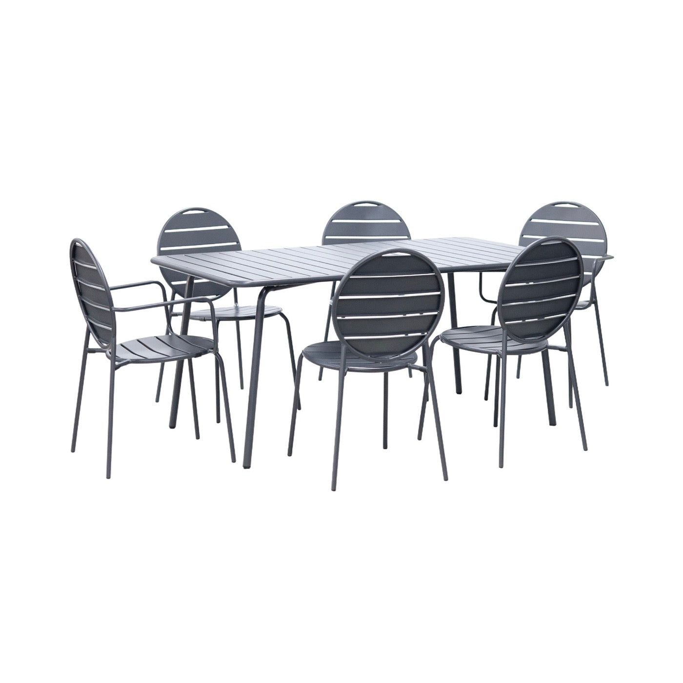 Baca - Table + 4 Chairs + 2 Round Metal Armchairs - Gray