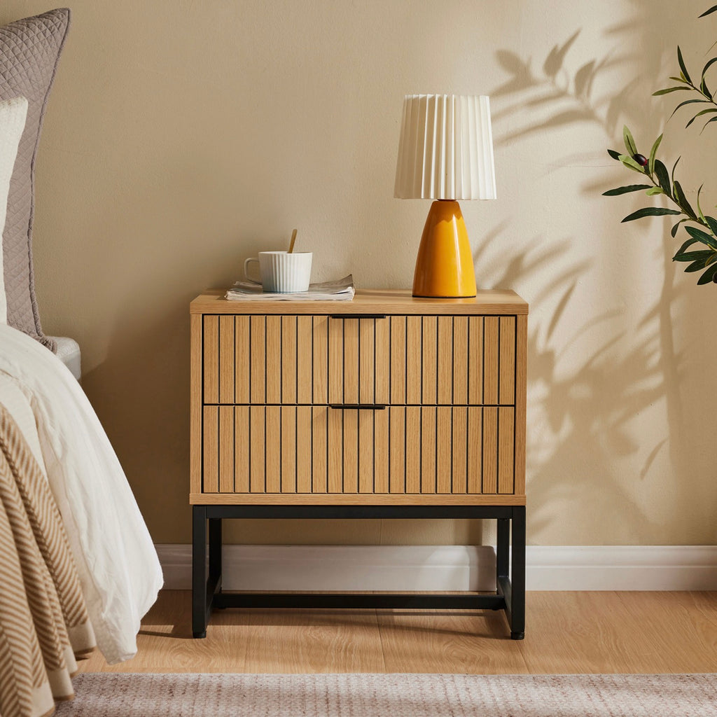 Rima - 2 Drawer Fluted Effect Bedside Table - Natural