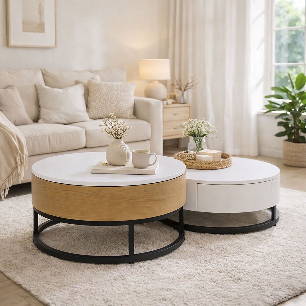 Calis - Set of 2 Coffee Tables with Liftable Top and 2 Drawers - Natural