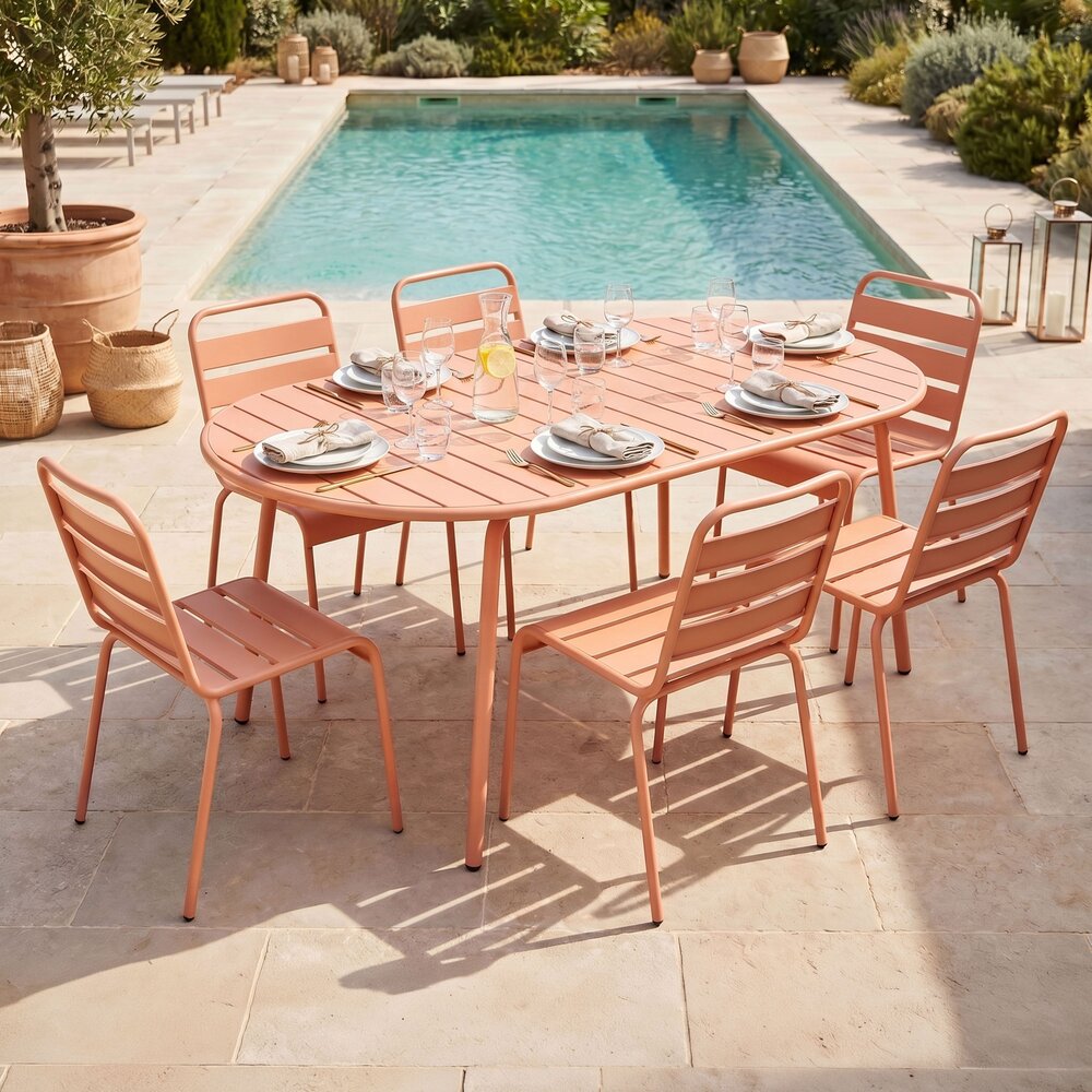 Baca - Ensemble Table De Jardin Ovale + 6 Chaises En Métal - Terracotta