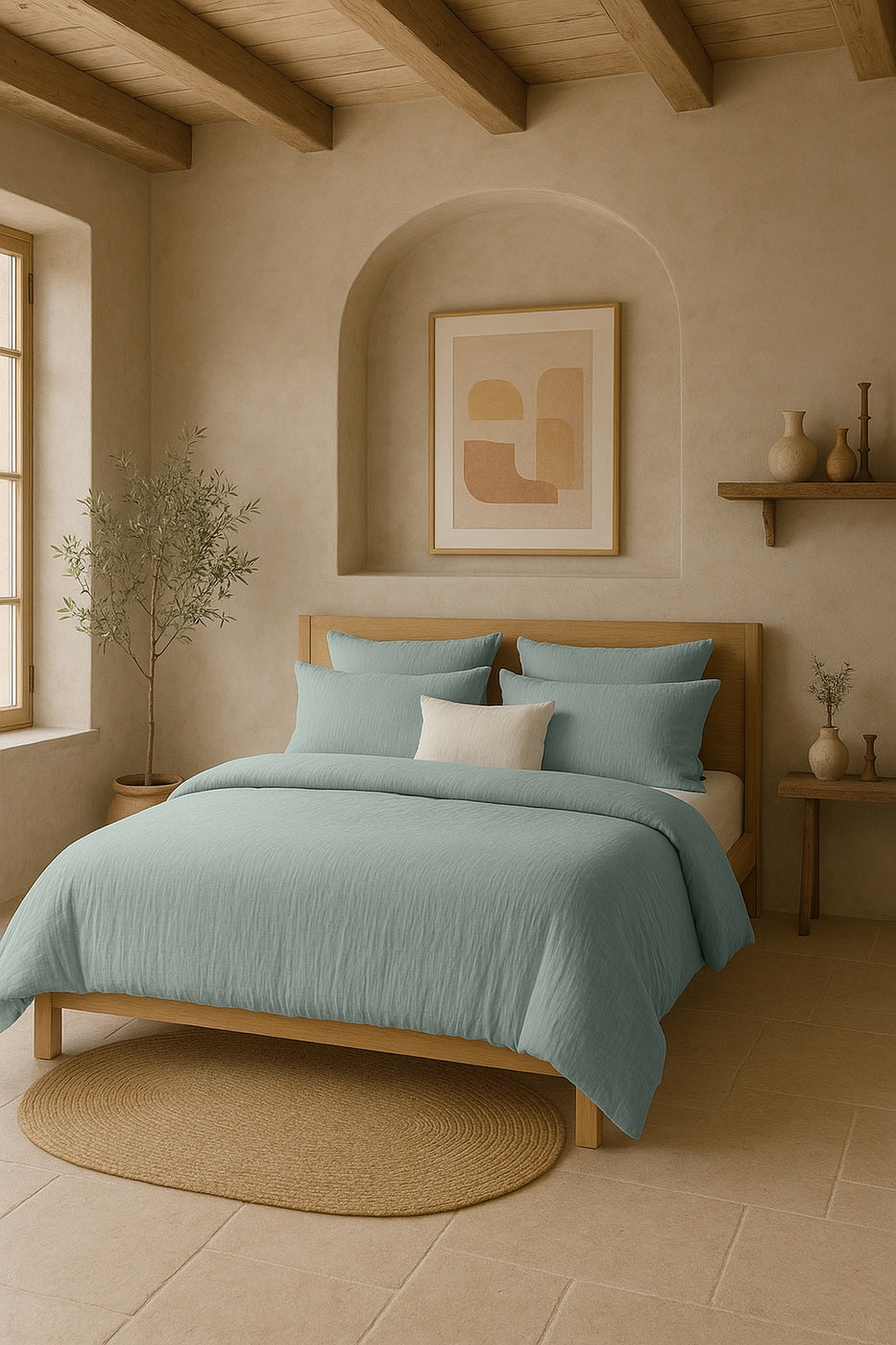 Pur - Lenzuolo Con Angoli - 100% Garza Di Cotone Lavato - Blu Ghiaccio