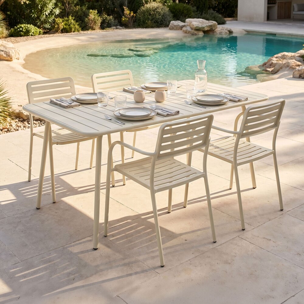 Baca - Table De Jardin + 4 Fauteuils Empilables En Métal - Beige
