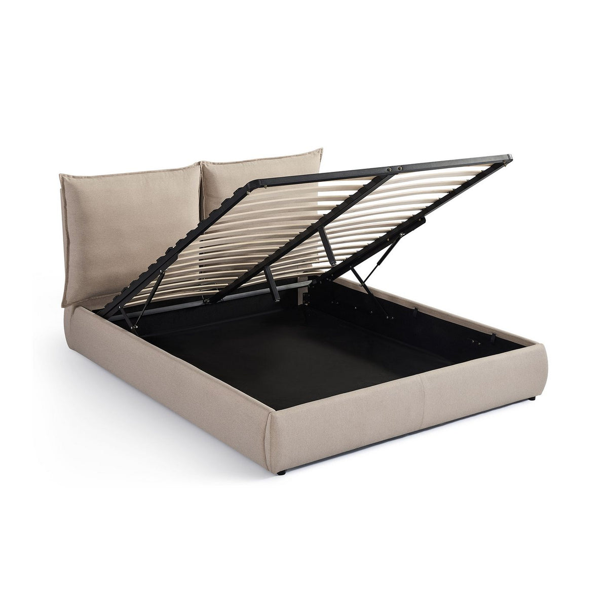 Judith - Lit Coffre Avec Tête De Lit Effet Oreiller - Tissu - Beige
