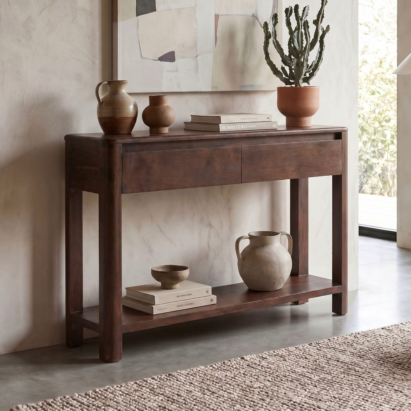 Bali - Solid Teak 2 Drawer Console - Dark Brown