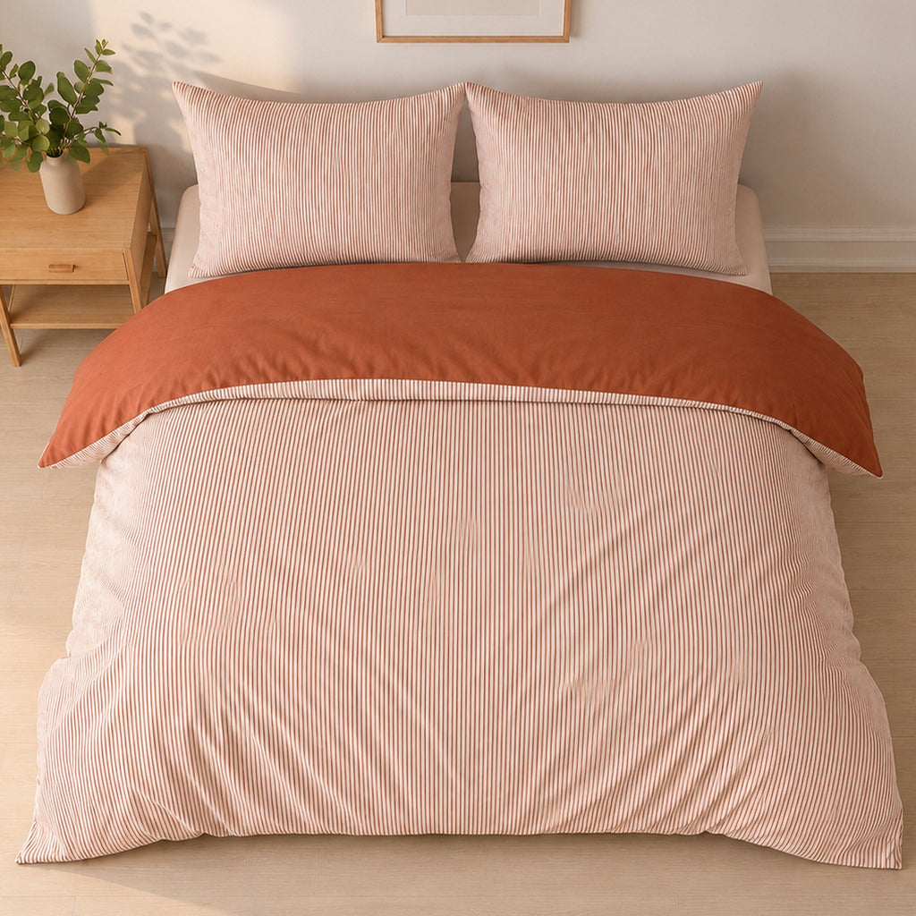 Milleray - Sengesæt + 2 Pudebetræk - Stribet Mini-Seersucker Terracotta - Polyester - Terrakotta