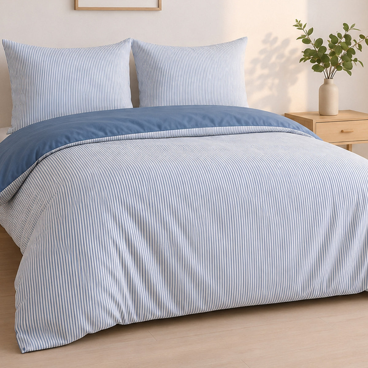 Milleray - Parures De Lit + 2 Taies - Mini-Seersucker Rayé - Polyester - Bleu Denim