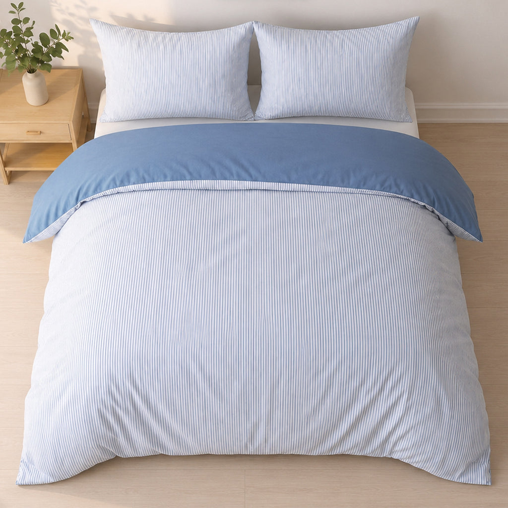 Milleray - Parures De Lit + 2 Taies - Mini-Seersucker Rayé - Polyester - Bleu Denim