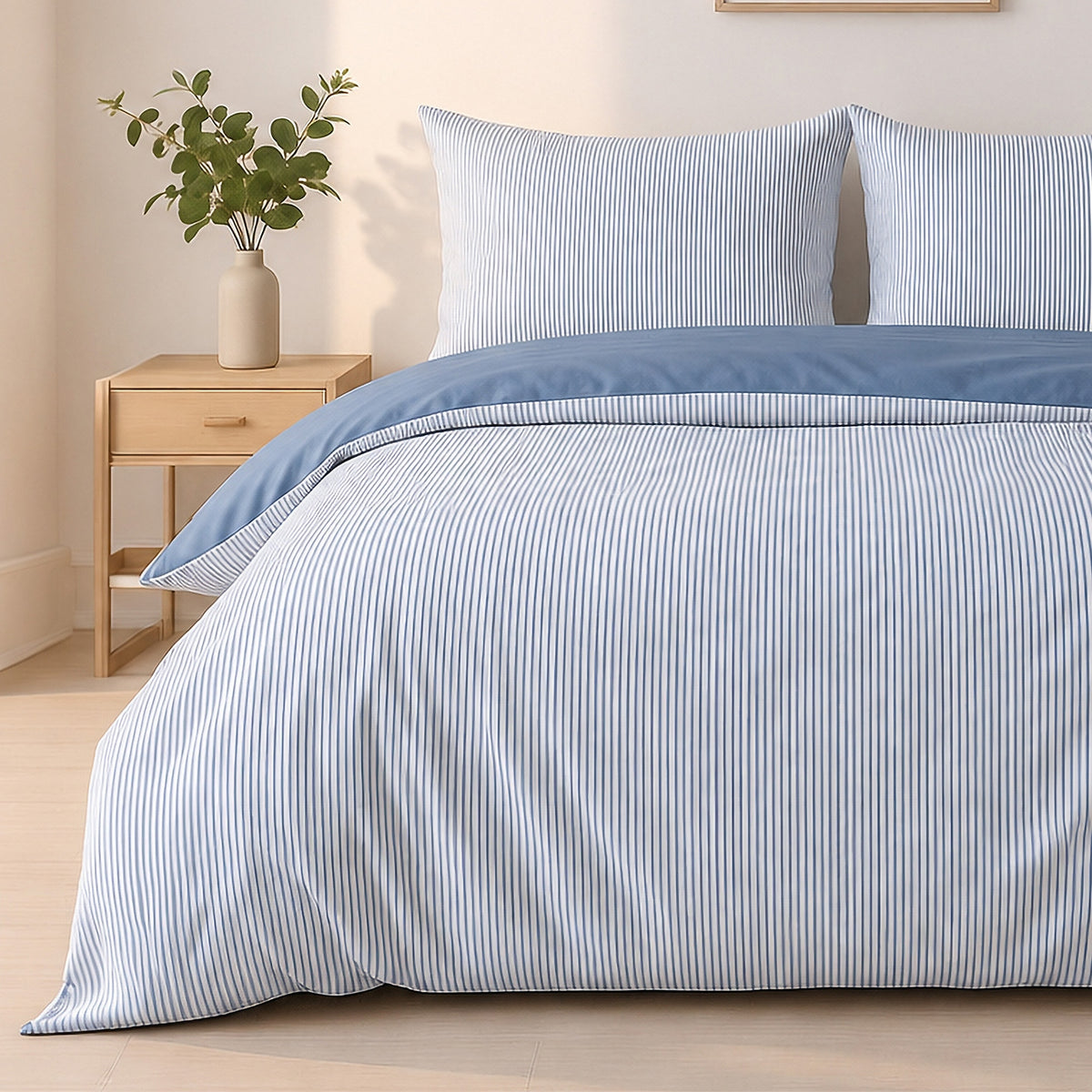 Milleray - Parures De Lit + 2 Taies - Mini-Seersucker Rayé - Polyester - Bleu Denim