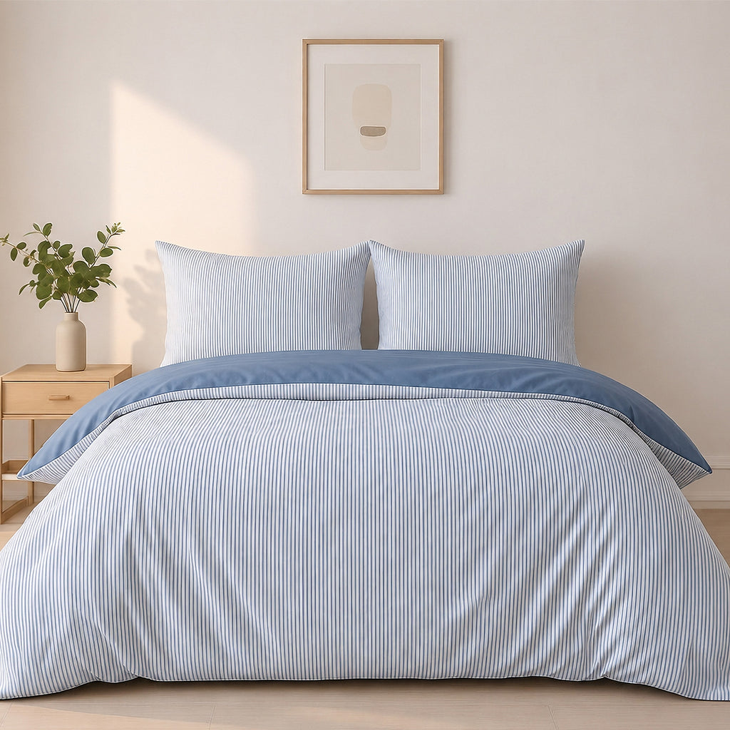 Milleray - Parures De Lit + 2 Taies - Mini-Seersucker Rayé - Polyester - Bleu Denim