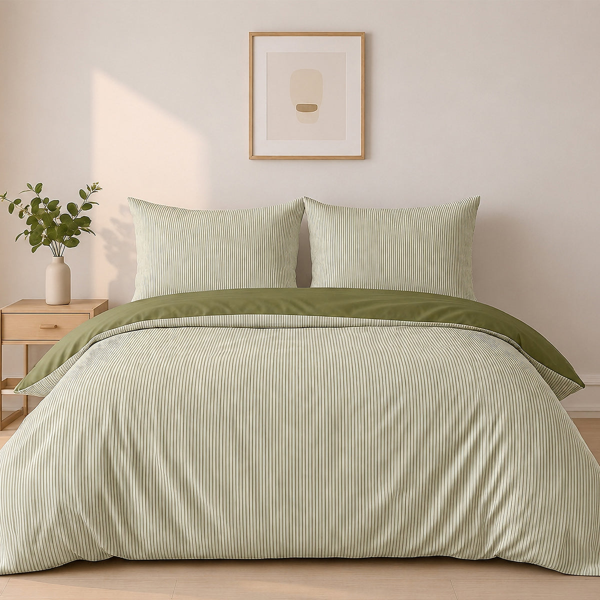 Milleray - Bedding Sets + 2 Pillowcases - Striped Mini-Seersucker - Polyester - Olive Green