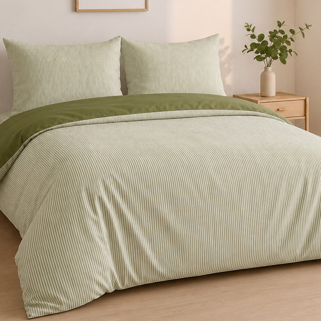 Milleray - Bedding Sets + 2 Pillowcases - Striped Mini-Seersucker - Polyester - Olive Green