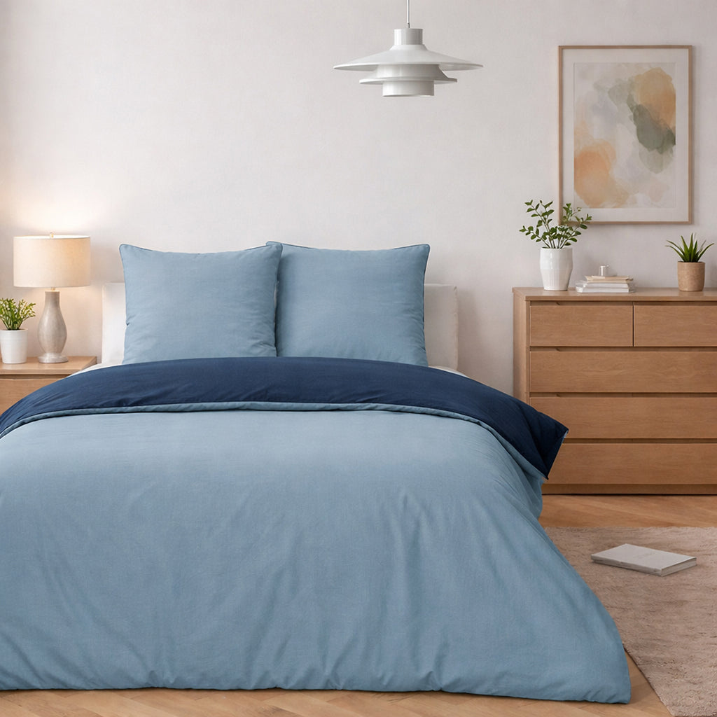 Vicky - Zweifarbiges Bettwäsche-Set - 100 % Gewaschene Baumwolle - Blau und Navy - Dunkelblau