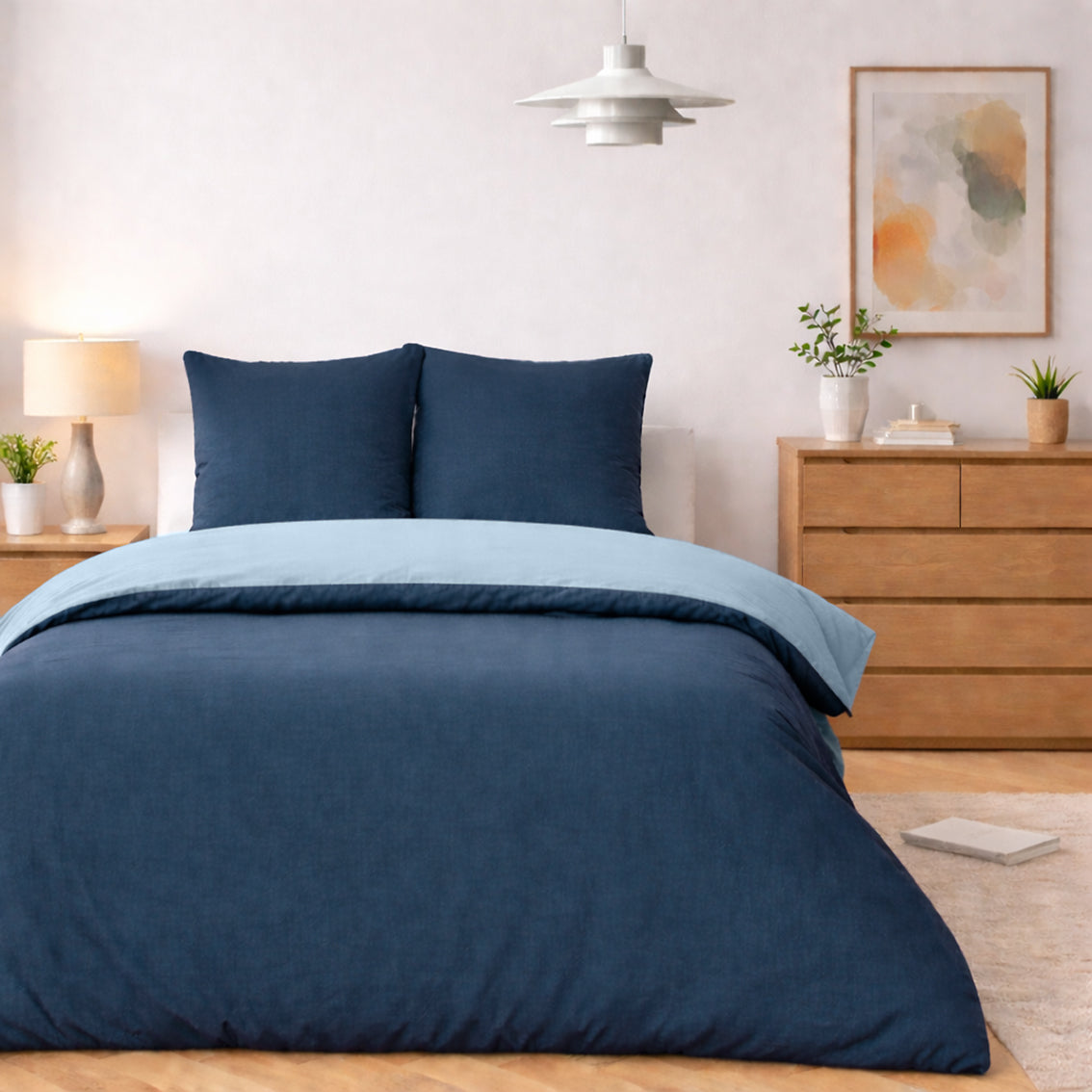 Vicky - Zweifarbiges Bettwäsche-Set - 100 % Gewaschene Baumwolle - Blau und Navy - Dunkelblau