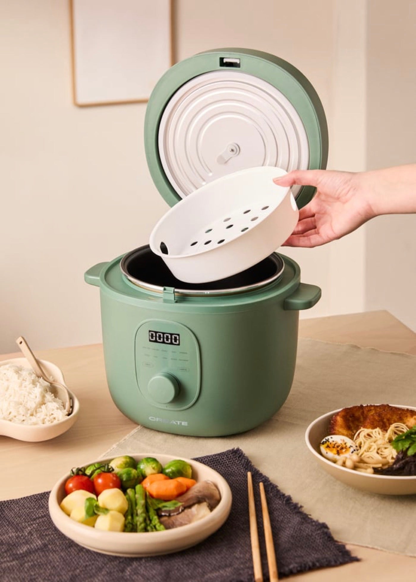 Rice Cooker Studio - Multifunction Electric Rice Cooker with Steamer Basket - 2L - Sage
