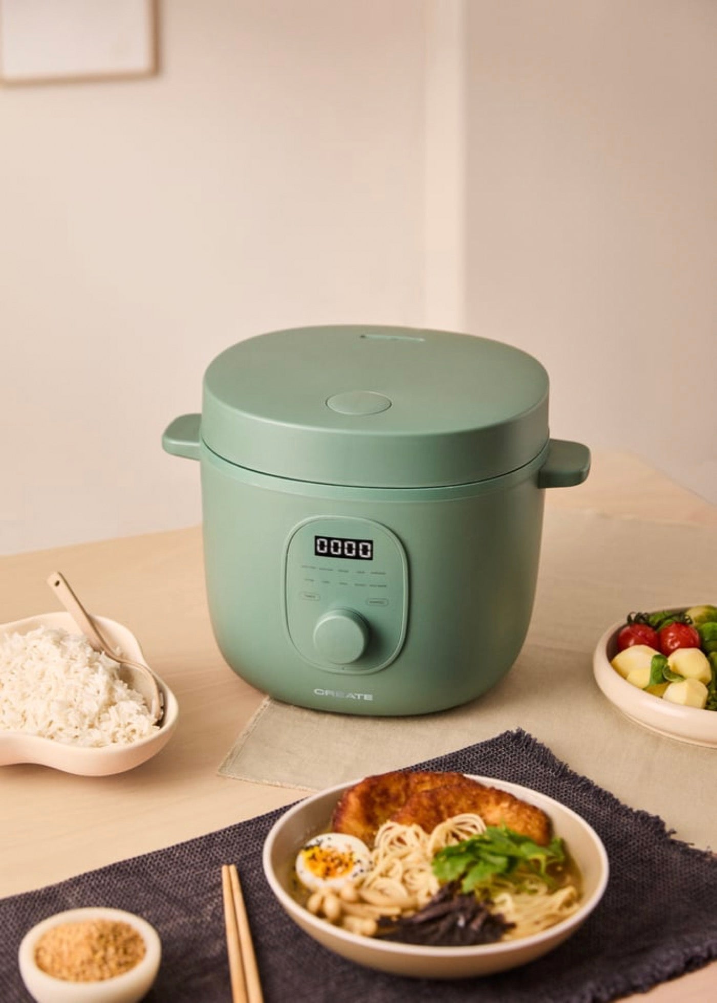 Rice Cooker Studio - Multifunction Electric Rice Cooker with Steamer Basket - 2L - Sage