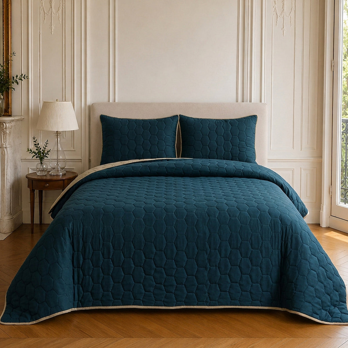 Nazim - Bedspread - Reversible Quilted Bedspread Bed Throw - Polyester - Navy Blue