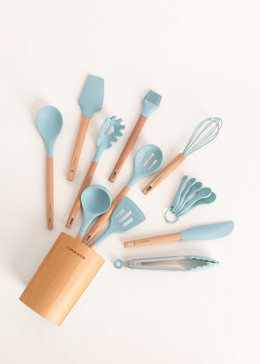 Kitchenware Studio - Ustensiles De Cuisine En Silicone & Bois - Bleu Pastel