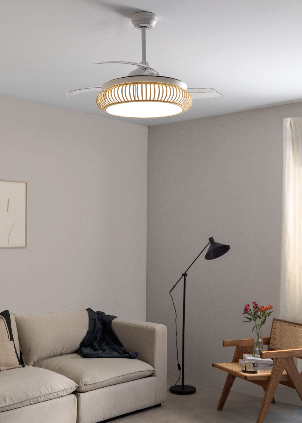 Wind Clear Rattan M - Ventilador De Techo Silencioso Aspas Retráctiles Con Iluminación LED - Con Wifi - Ovalado