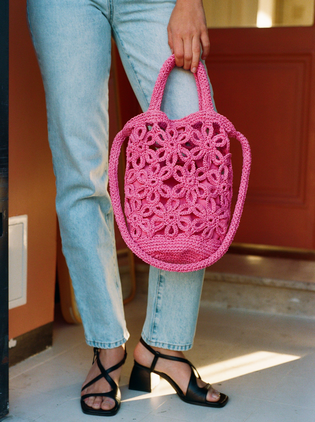 Bolso Flor Rafia Rosa