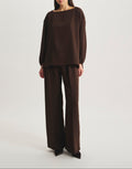 Ines De La Fressange – Sea T-Shirt - Brown, model wearing a dark brown blouse and trousers co-ord, front view