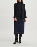 Ines De La Fressange – Bruna Coat - Navy Blue, female model seen from the front wearing a blazer and a denim skirt