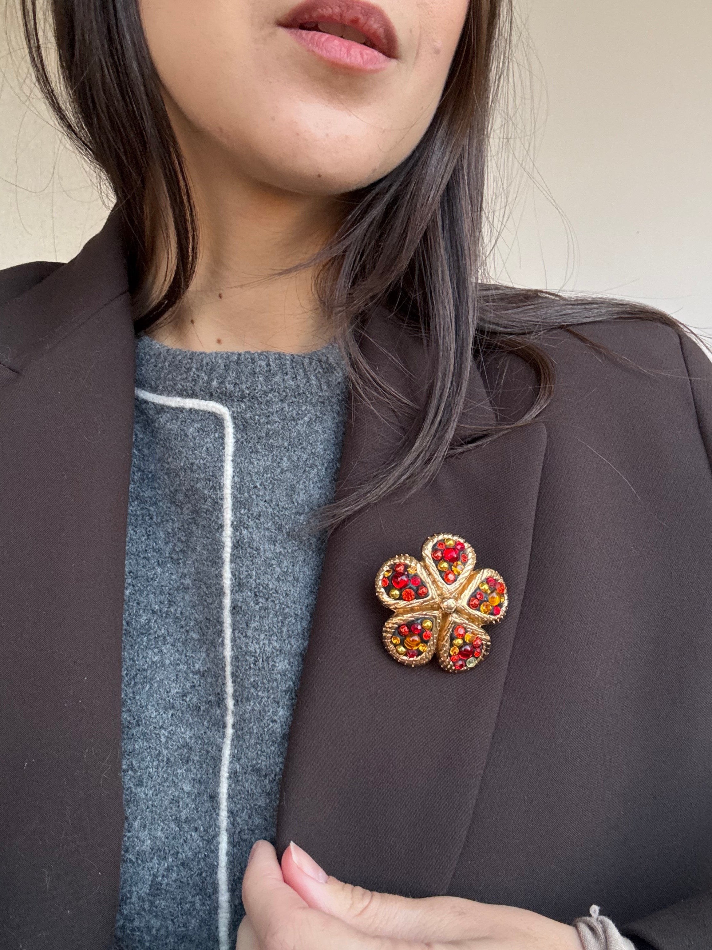 Jacky De G Vintage Brooch - Multicolour Clover Rhinestone