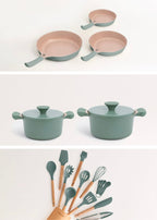 Batterie De Cuisine - 3 Poêles Pan Studio, 2 Cocottes Pot Studio & Kit D’Ustensiles Kitchenware Studio - Sauge