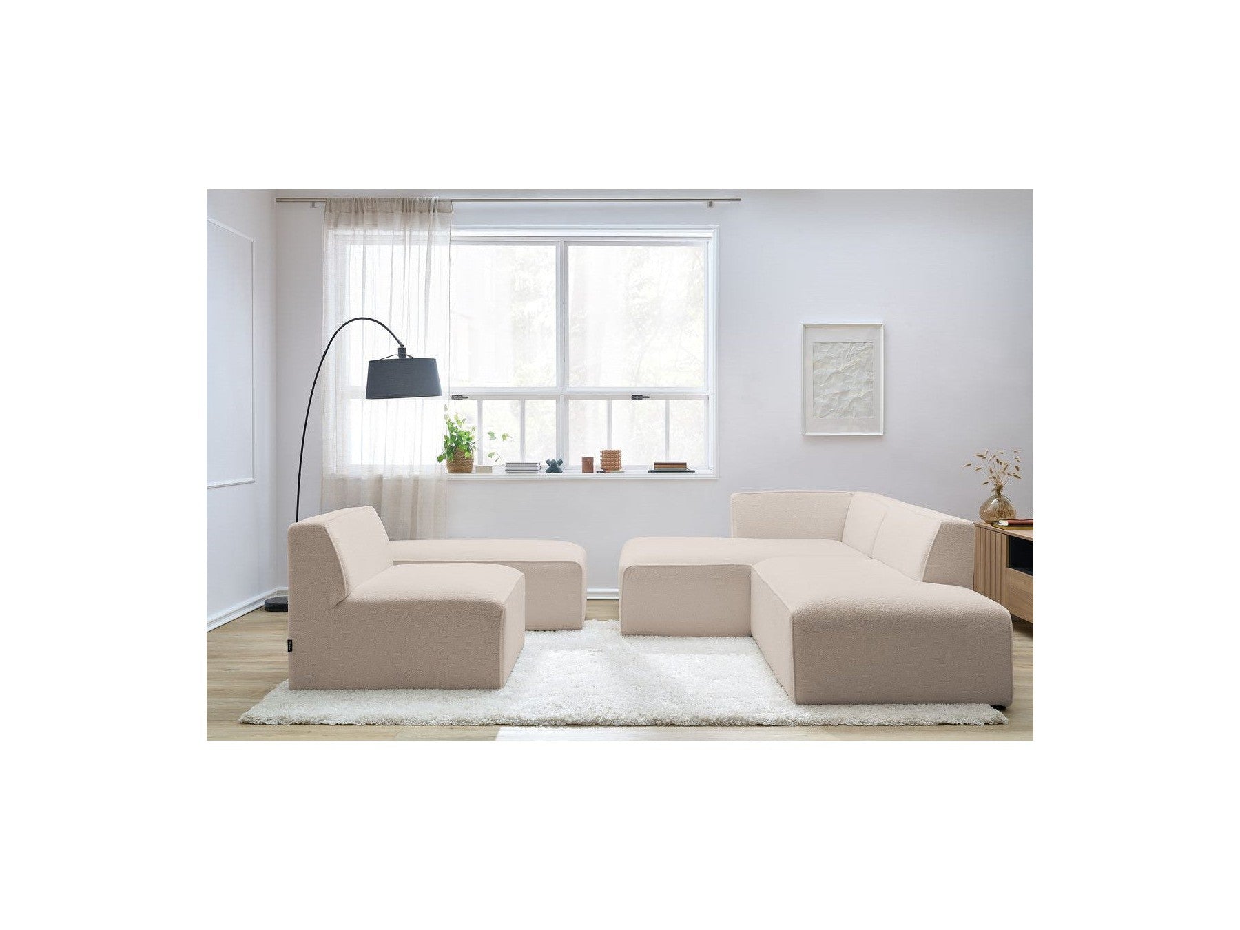 Megeve - Modular Fixed Corner Sofa - Bouclé Fabric - With 1 Armless Chair and 1 Pouffe - Left Corner