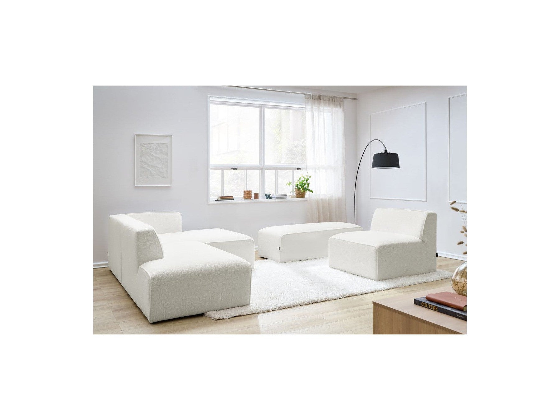 Megeve - Canapé D'Angle Fixe Modulable - Tissu Bouclette - Avec 1 Chauffeuse Et 1 Pouf - Angle Droit